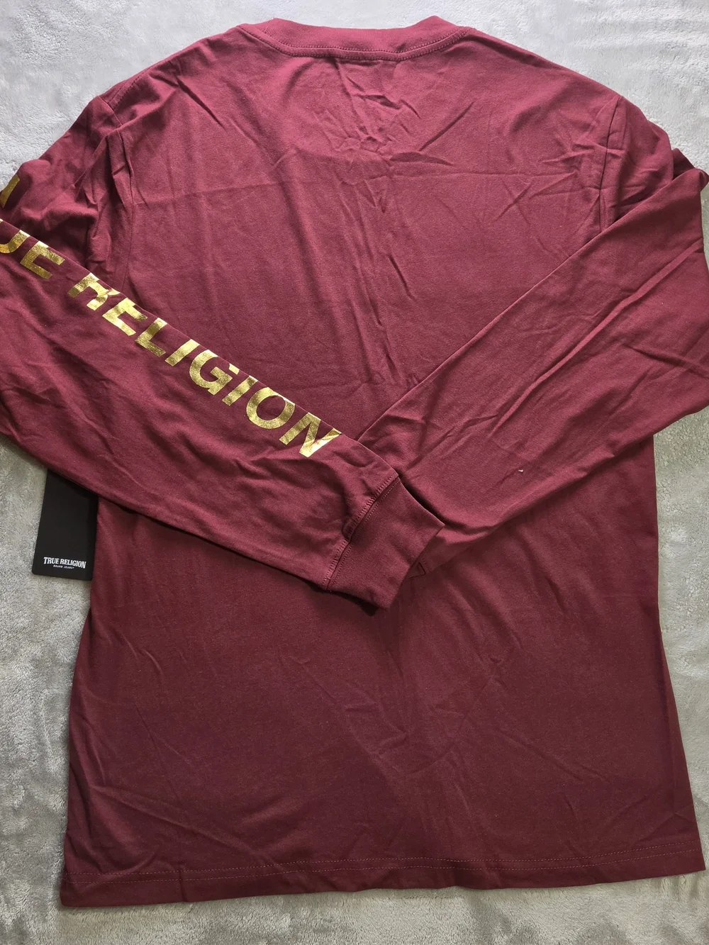 NWT True Religion Foil Taping Long Sleeve Tee Men L Burgundy Gold Logo